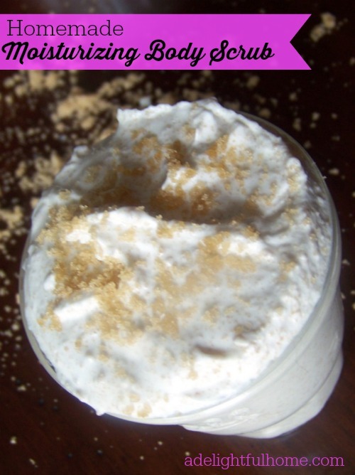 Close up image of whipped body scrub with brown sugar sprinkled on top. Text overlay says, "Homemade Moisturizing Body Scrub".