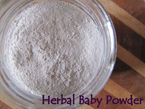 Close up image of white powder in a jar. Text overlay says, "Herbal baby Powder".