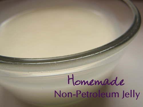 Close up image of a jar of Non- Petroleum Jelly. Text overlay says, "Homemade Non-Petroleum Jelly".