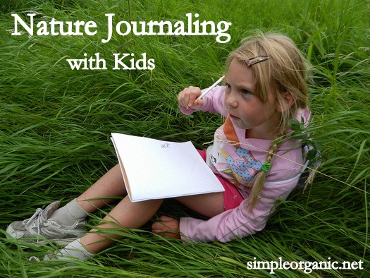 Image of a child sitting in tall grass with a journal on her lap. Tex overlay says, "Nature Journaling with Kids".