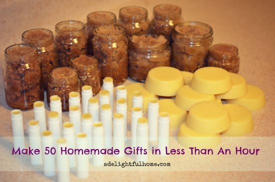 Image of assorted homemade body scrubs, lip balms, and lotion bars. Text overlay says, "50 Homemade Gifts in Less than an Hour".