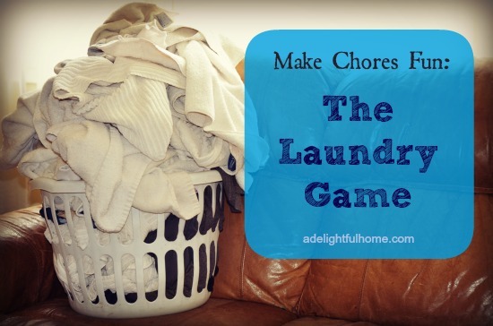 Image of an overflowing hamper of laundry sitting on a couch. Text overlay says, "Make Chores Fun - The Laundry Game".