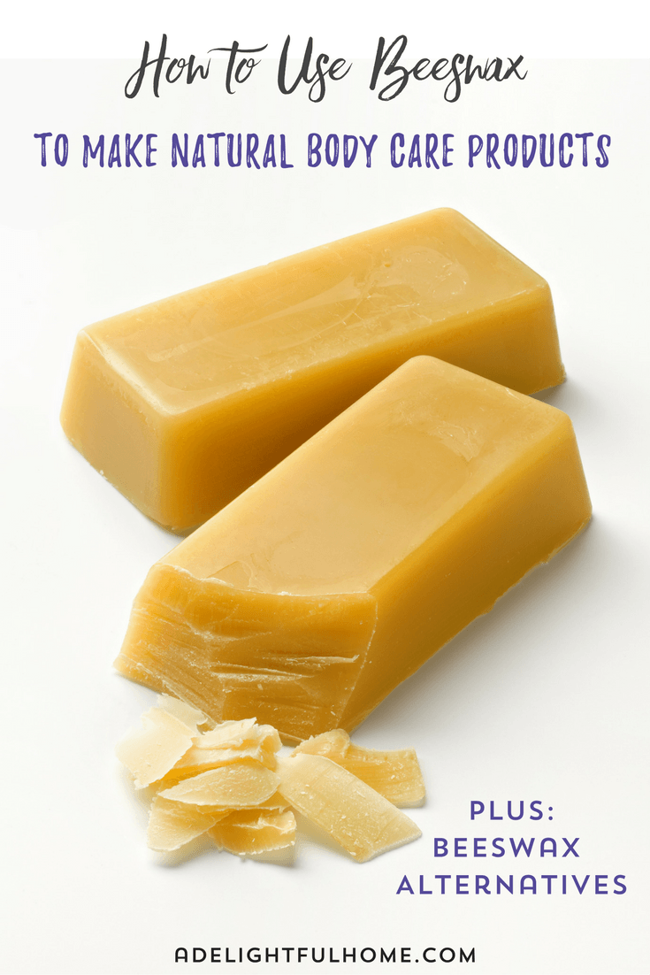 Two bars of beeswax with beeswax shavings in the foreground. Text overlay says, "How to Use Beeswax in Natural Body Care Products".