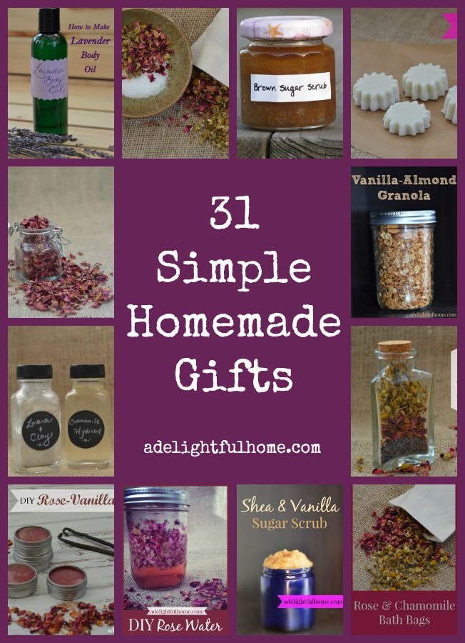 Pinterest pin containing several images showing examples of finished gifts. Text overlay says, "31 Simple Homemade Gifts".