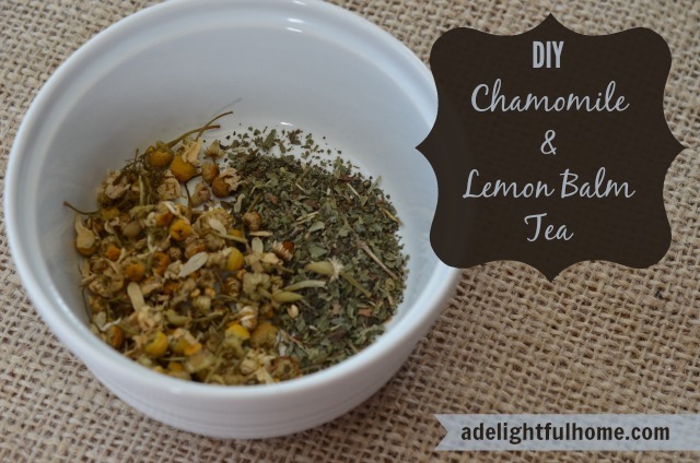 Image of a ramekin filled with loose leaf tea. Text overlay says, "DIY Chamomile & Lemon Balm Tea".