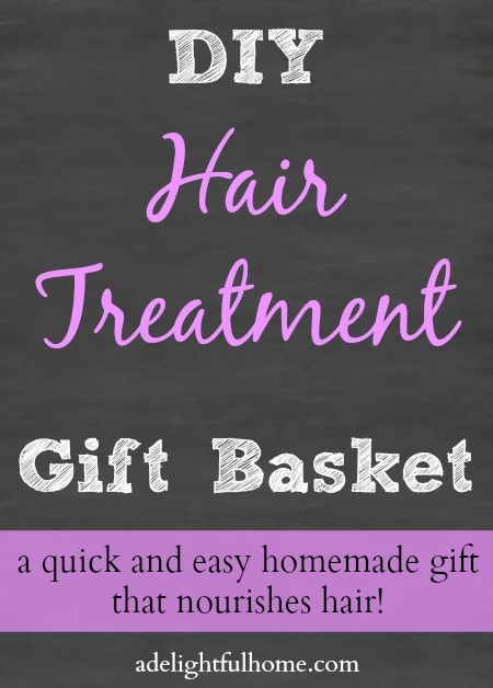 Image of a chalkboard background with white and lavender text that says, "DIY Hair Treatment Gift Basket".