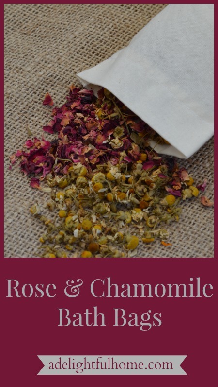 Image of a sachet with dried rose petals and chamomile flowers spilling out onto a burlap surface. Text