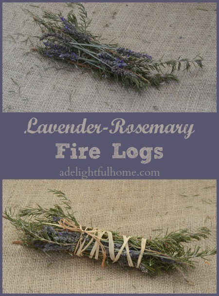 Pinterest pin with two images. Top image is a bundle of lavender, and bottom image is a bundle of lavender and rosemary together. Text overlay says, "Lavender-Rosemary Fire Logs".