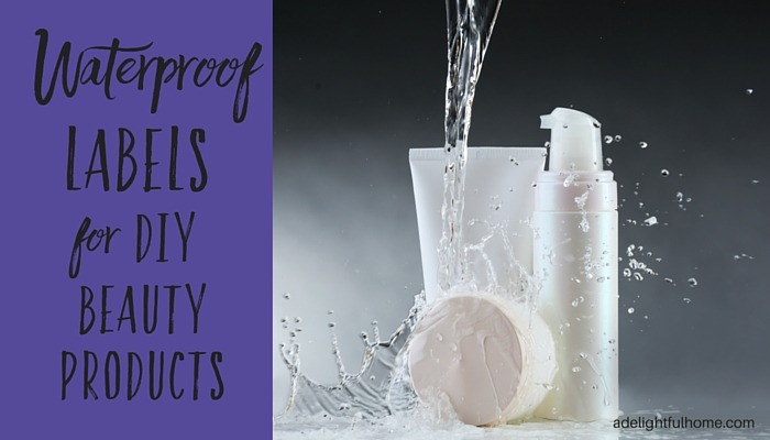 Assorted blank beauty product containers sitting under a stream of water. Text overlay says, "Waterproof Labels for DIY Beauty Products".