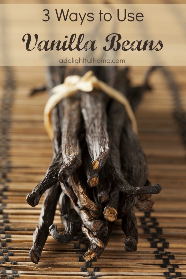 Close up image of vanilla beans bound with twine. Text overlay says, "Three Ways to Use Vanilla Beans".