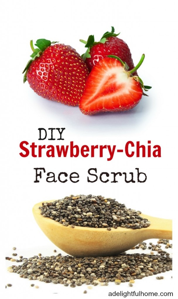 Pinterest pin containing two images. Top image is of fresh strawberries. Bottom image is a wooden spoon filled with chia seeds. Text overlay says, "DIY Strawberry Chia Face Scrub".