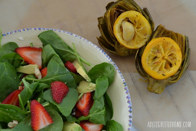 roasted artichokes and spinach salad