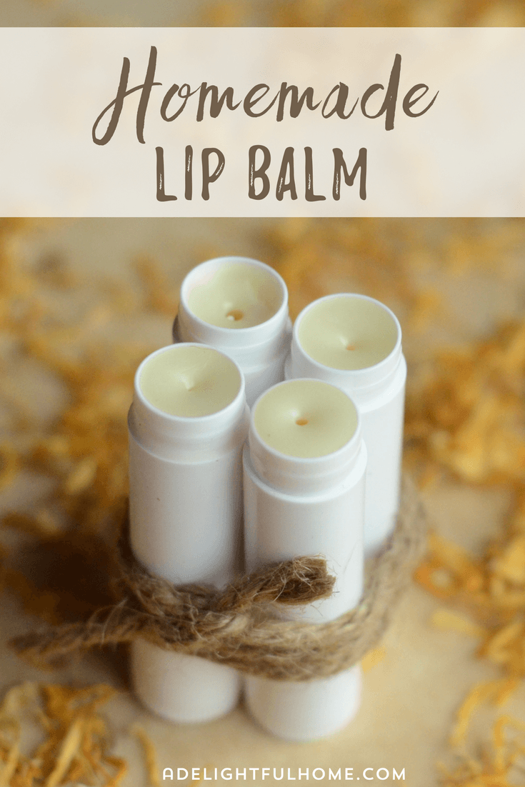 Image of four plain lip balm tubes bound together with natural twine. Dried flower petals are scattered decoratively around the base. Text overlay says "Homemade Lip Balm".