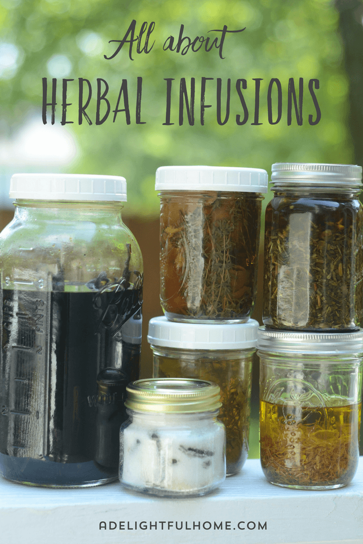 Assorted sizes of jars filled with herbal infusions. Text overlay says, "All About Herbal Infusions".