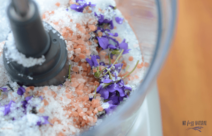 violet bath soak ingredients in food processor - pink salt, seas salt, fresh violets